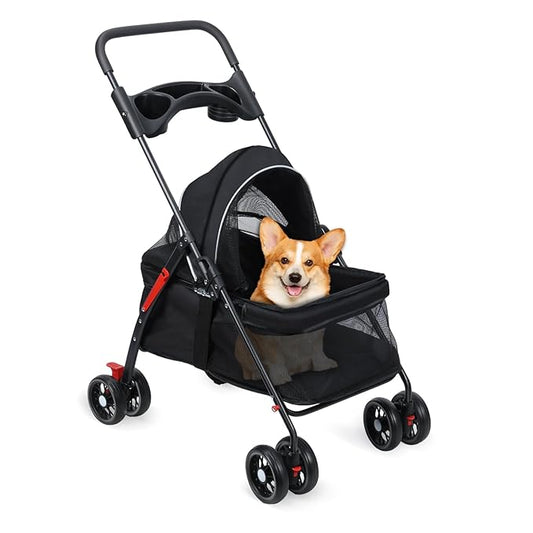 Dog Cat Stroller, 4 Wheels Outdoor Travel Pet Folding Stroller, Dog Cat Cage Strollers with Cup Holder, Breathable and Visible Mesh for Medium Small Dogs or Cats 1 Set