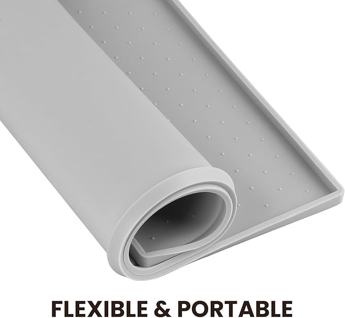 VIVAGLORY Dog Bowl Mat Grippymat Pet Food Mat, Waterproof Washable Nonslip Silicone for Pet & Cat, Food and Water Placemat with Lip & Raised Edges for Indoor Floor, S, Light Grey
