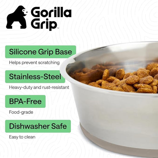GORILLA GRIP Dog Bowls, Heavy Duty 304 Stainless Steel, Holds 2 Cups Each (16 fl oz) Food and Water Bowl for Feeding Dogs and Cats, Dishwasher Safe, Rust Resistant, BPA Free Rubber Base Set of 2 Beige