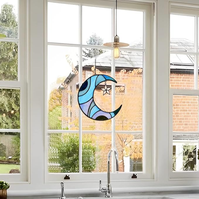 Stars and Moon Stained Glass Suncatcher - Window Decor Gift for Home Indoor - Crescent Moon and Star Decorations for Women