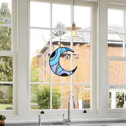 Stars and Moon Stained Glass Suncatcher - Window Decor Gift for Home Indoor - Crescent Moon and Star Decorations for Women