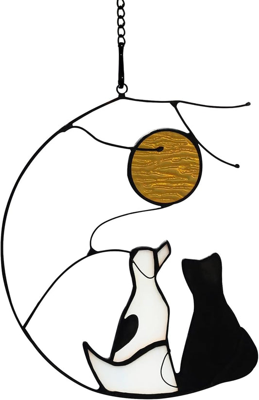 Dog and Cat Friendship Decor Stained Glass Window Hanging,Pet Memorial Gifts Suncatcher for Window,Black Cat Themed Gifts for Cats Lovers,Dog Lovers Giftss for Women