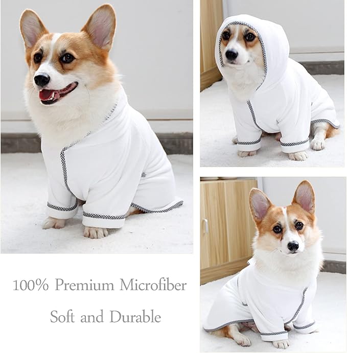 Dog Bathrobe, Microfiber Fast Drying Absorbent Hooded Bath Towel White for Puppy Small Medium Large Dog Cat (2XL, White)