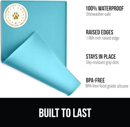 GORILLA GRIP 100% Waterproof Raised Edge BPA Free Silicone Pet Feeding Mat, Dog Cat Food Mats Contain Spills Protects Floors, Placemats for Cats and Dogs Water Bowl, Pets Accessories 28x18 Turquoise
