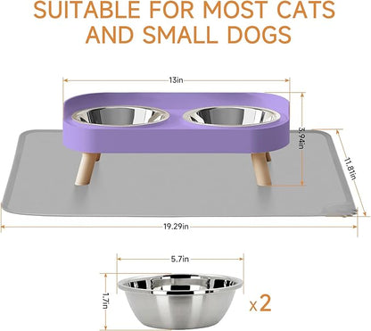 Elevated Cat Bowl with Food Mat, Raised Cat Food and Water Bowl Set for Indoor Cats, Splash Proof with 2 Stainless Steel Pet Food Bowls for Cat and Puppies,Whisker Fatigue and Dishwasher Safe (Purple)