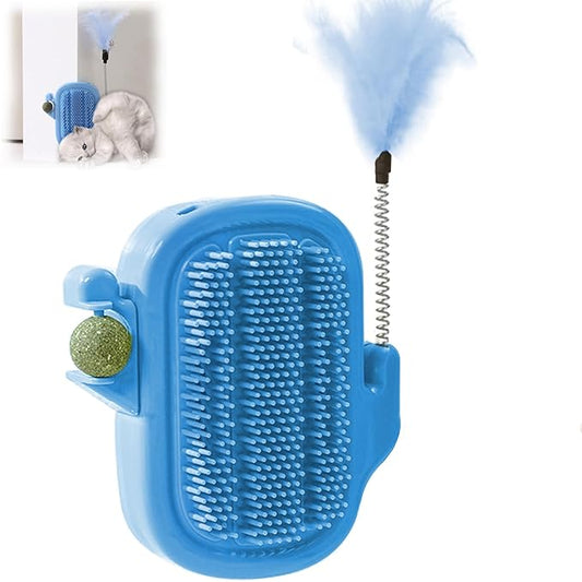 3-in-1 Cat Self Groomer Brush – Wall Corner Cat Scratch Pad with Catnip Ball & Feather Toy, Cactus-Style Wall Brush for Indoor Cats, Cats Massager & Face Scratchers for Fur Pets