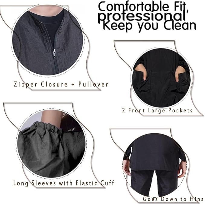 Dog Grooming Smock for Men Women, Anti-Static Smock for Pet Shop Dog Cat Grooming, Long Sleeves, Water Resistant, (Black with Print Bichon L)
