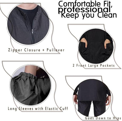 Dog Grooming Smock for Men Women, Anti-Static Smock for Pet Shop Dog Cat Grooming Bathing, Long Sleeves, Water Resistant and Hair Proof, (Black with Print Schnauzer M)