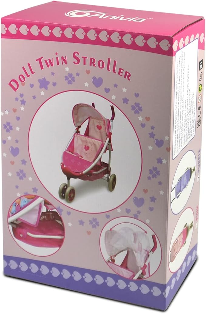 ANIVIA Twin Doll Stroller Heart Design, 1:1 Foldable Double Doll Pram, Suitable for Ages 3+, Dolls Up to 36cm, Pink, DA601T Black