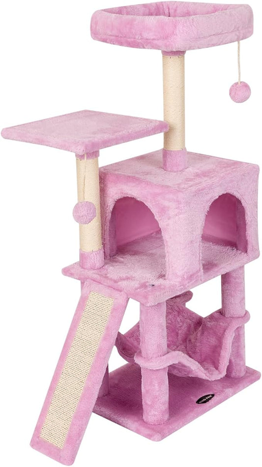 MIAO PAW Pink Cute Cat Tree for Indoor Cat Tower with Scratching Post Modern Activity House Hammock Hanging Ball Condo with Board