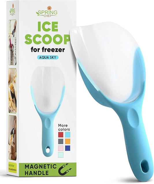 Spring Chef Magnetic Ice Scoop for Freezer, Translucent BPA-Free Flexi-Plastic Ice Scooper with Soft Grip Handle, Kitchen Food Scoop for Popcorn, Pet Food, Flour, Grains - Dishwasher Safe - Aqua Sky