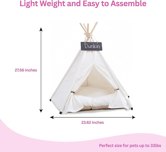 Pet Teepee Dog, Puppy and Cat Tents Tipi Bed Portable Houses with Thick Cushion for Pets Up to 33lbs, White