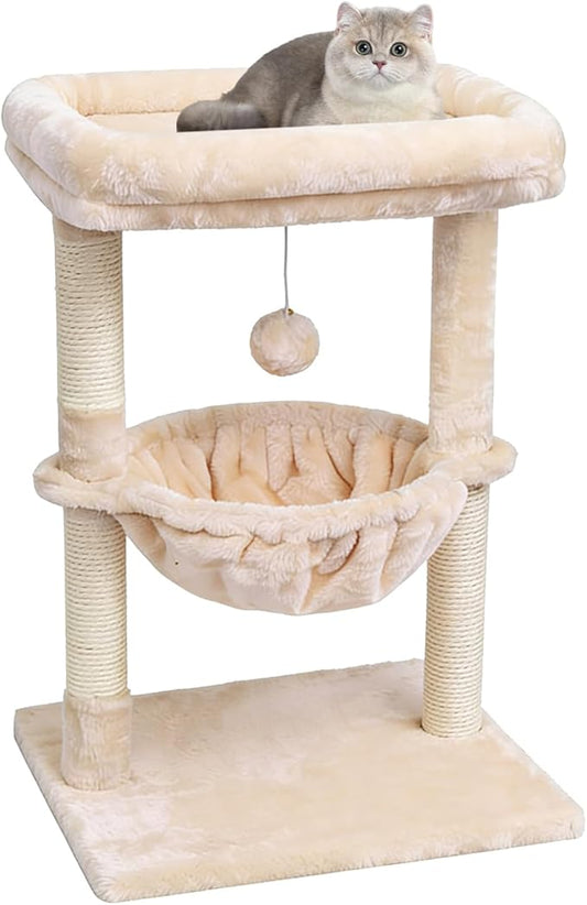 SYANDLVY Small Cat Tree for Indoor Cats, Activity Cat Tower with Scratching Post for Kittens, Cat Furniture with Basket & Hanging Ball for Play Rest, Beige