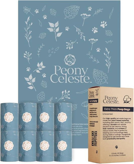 Extra Thick Poop Bags by Peony Celeste - Blue Stone Color, Leak-Resistant, Coreless, Unscented Pet Waste Bags, 9x13 Inches