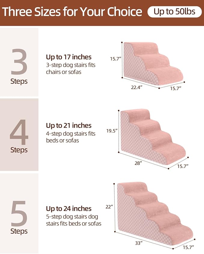Dog Stairs Ramp for Couch 15.7”H, 3-Step Pet Stairs for Small Dogs with High Density Foam, Dog Slope Stairs with Durable Non-Slip Bottom for Puppy Pink