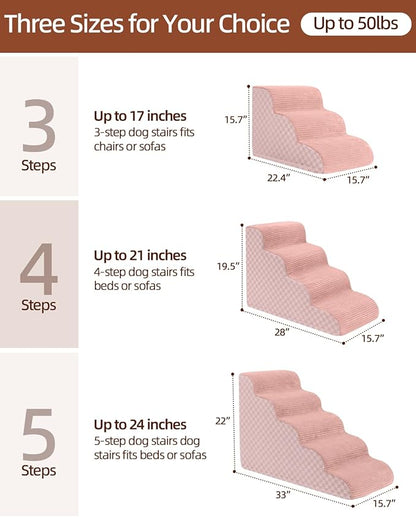 Dog Stairs Ramp for Couch 15.7”H, 3-Step Pet Stairs for Small Dogs with High Density Foam, Dog Slope Stairs with Durable Non-Slip Bottom for Puppy Pink