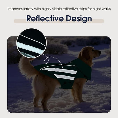 IECOii Dog Coat for Deep Chest Breeds- Reflective & Adjustable Jacket, Windproof Warm Vest for Light Rain, Snow, Waterproof Winter Coats for French Bulldogs, Boston Terrier, Green, Size M