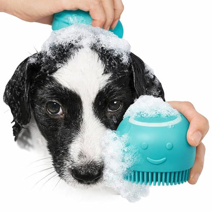 Dog Bath Brush with Shampoo Dispenser – Silicone Pet Grooming Scrubber for Dogs & Cats, Deep Clean + Massage, Easy-Grip Rubber Handle – Pet Shower Tool for Long & Short Hair