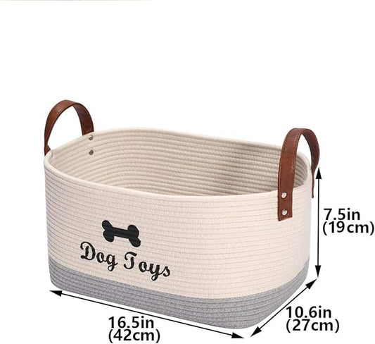 Geyecete X-Large Cotton Rope Dog Basket with Leather handle Blanket Storage Basket Decorative Clothes Hamper Basket | Extra Large Baskets for Blankets or Laundry-Beige/Gray