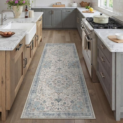 Blue Runner Rug 2x8 Washable Vintage Long Carpet Low Pile Traditional Distressed Retro Accent Indoor Hallway Throw Rug Non Slip for Kitchen Laundry Bathroom Dining Room