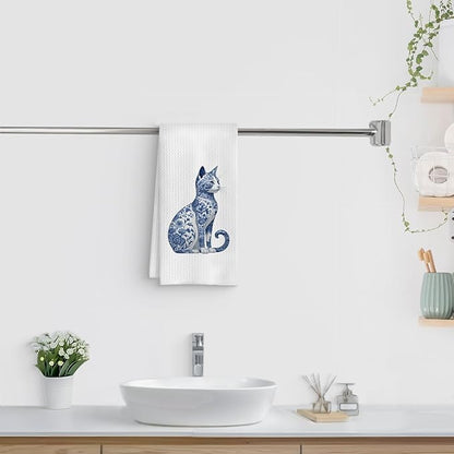 Blue and White Chinoiserie Floral Cat Kitchen Towel, Vintage Floral Cat Hand Towel Dish Towel, Kitten Women Mom Lady Gifts, 16x24 Inch