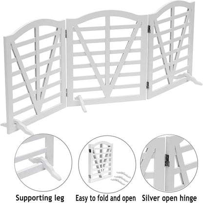 Wooden Dog Gate Freestanding Pet Gate Foldable Pet Gate for Dogs,Indoor Dog Fences with 3Foot Supportershite,3Pane 23.6" Height-White.