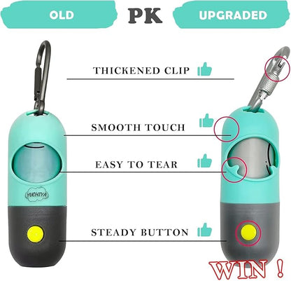Dog Waste Bags Holder with LED Flashlight Doggie Poop Bags Dispenser with 13 Rolls Leak-Proof Pet Trash Bags Rechargable USB Cable (Mint Green)