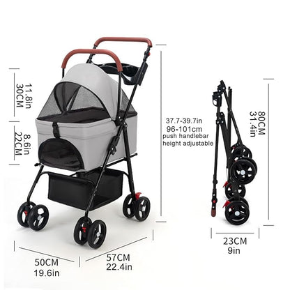4 Wheels Pet Stroller for Medium Small Dog up to 50lbs, Folding Dog Stroller, 4 Wheels Cat Strollers, Travel Carrier, with Adjustable Handle, Detachable Pet Basket, Breathable Mesh (1 Set)