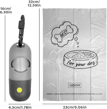 Dog Poop Waste Bags Holder with LED Flashlight|Cute Doggie Poo Bags Dispenser for Pet Leash|Trash Waste Bags Carrier with Potty Clip Fastener LR44 Button Cells Included (Grey, 1 Holder 195 Bags)
