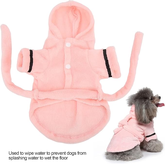 Dog Bathrobe, Pink, L, Plush, Absorbent, Warm, Puppy, Small Breeds