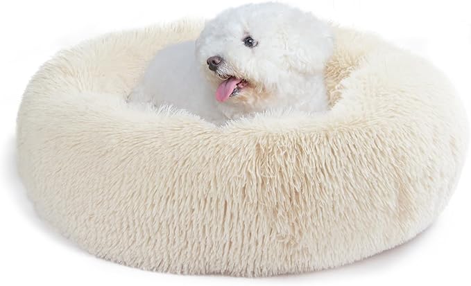 Small Dog Bed White Cream,Calming Dog Bed for Small Dogs,19 inches Donut Fluffy Pet Beds,Anti Anxiety Round Fits up to 10 lbs Soft Warm Pets Beds for Puppy Dogs Indoor