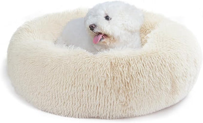 Small Dog Bed White Cream,Calming Dog Bed for Small Dogs,19 inches Donut Fluffy Pet Beds,Anti Anxiety Round Fits up to 10 lbs Soft Warm Pets Beds for Puppy Dogs Indoor