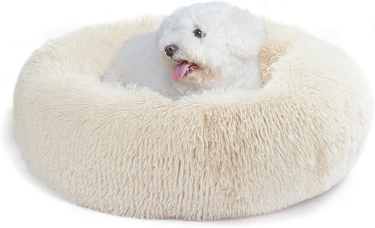 Small Dog Bed White Cream,Calming Dog Bed for Small Dogs,19 inches Donut Fluffy Pet Beds,Anti Anxiety Round Fits up to 10 lbs Soft Warm Pets Beds for Puppy Dogs Indoor