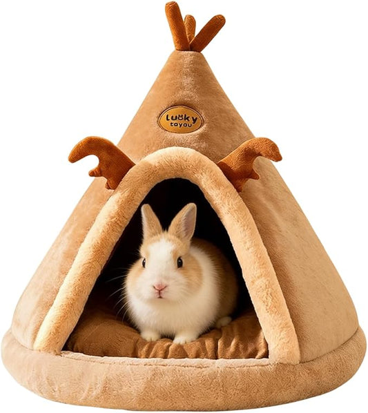 Rabbit Cave Bed, Comfortable Triangle Pet Teepee, Holiday Bunny Cave House and Bed, Extremely Cozy and Warm Tent for Cat Rabbit and Small Dog (Brown,Small)