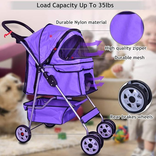 4 Wheels Pet Stroller Cat Dog Cage Stroller Travel Folding Carrier with Cup Holders and Removable Liner for Small-Medium Dog, Cat (Purple)