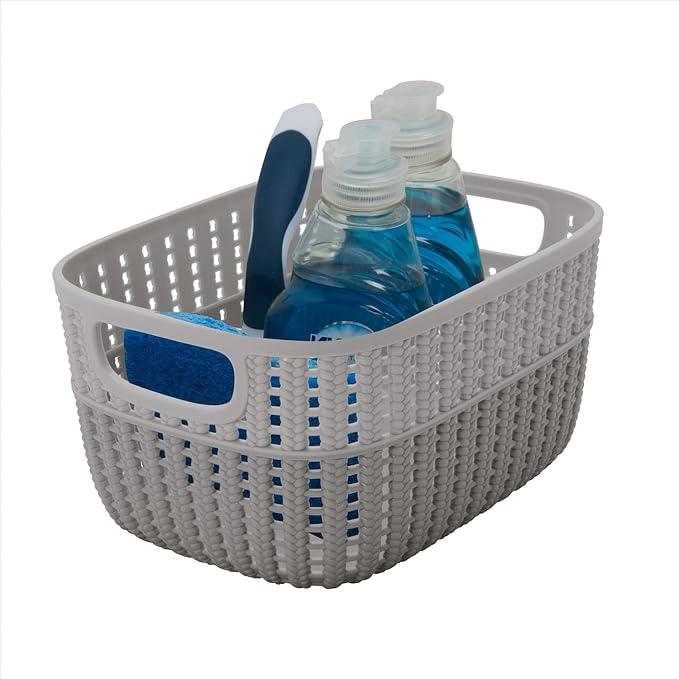 Simplify 4 Pack 2 Tone Sailor Knot Plastic Storage Tote | Decorative Basket | Closet Organization | De-clutter | Accessories | Toys | Bathroom Organization | Small | Grey/Grey