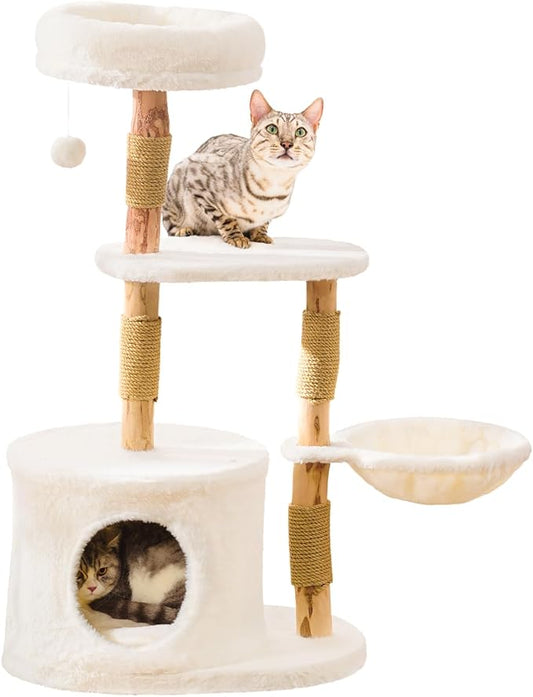 Modern Solid Hardwood Cat Tree Tower for Indoor Cats - Premium Wooden Cat Furniture with Scratching Posts, Cozy Condo, Stable Perch & Non-Tip Base, Multi-Level Play for Small & Medium Cats