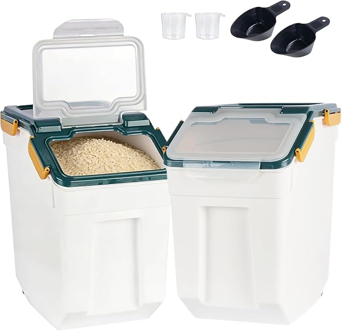 AnRui Airtight Flour Storage Container 25lb, Plastic Grain Storage Bucket, Rice Cereal Dispenser Organizer Box with Lid, Cat Dog Food Storage Bin with Measuring Cup, Scoop, Wheels, 2Pcs Blue