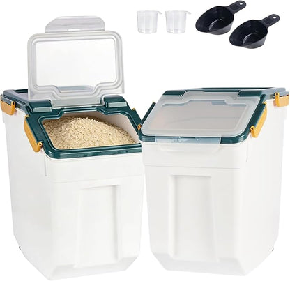 AnRui Airtight Flour Storage Container 25lb, Plastic Grain Storage Bucket, Rice Cereal Dispenser Organizer Box with Lid, Cat Dog Food Storage Bin with Measuring Cup, Scoop, Wheels, 2Pcs Blue