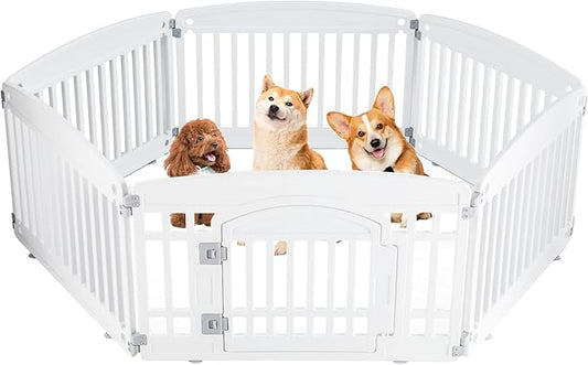 Sweetcrispy Plastic Dog Playpen, 6 Panels 24" Expandable & Durable Pet Fence for Medium Dogs - Indoor & Outdoor Portable Puppy Playpen with Secure Locking Door, White
