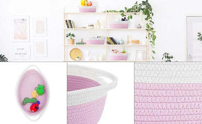 ABenkle Small Basket with Handles, Boho Decorative Rope Woven Dog Cat Toy Storage Bin Shelf Storage Organizer, Easter Christmas Gift Basket, 12"x8"x5", Pink
