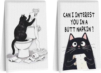 Hanamiya Na 2Pcs Funny cat Hand Towel for Bathroom 24x14 Inch, Funny Absorbent Microfiber Dish Cloth Bathroom Towel, Waffle Weave Hand Towels for Toilet Home, Cat Lover Gifts