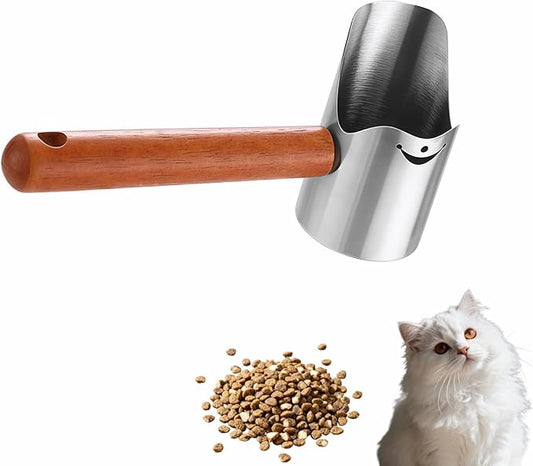 Multi-Pet Food Scoop, Pet Food Measuring Scoop with Wooden Handle,Carbon Steel with Ergonomic Wood Handle, for Dry Food & Treats, Accurate Portion Control for Dog Cat Bird Rabbit. (Grey, Small)