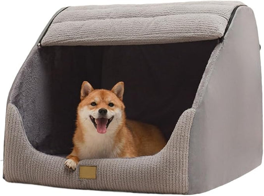 Large Dog House Indoor, Soft Plush Dogs Cave Bed Covered Pet Bed with Fluffy Washable Cushion, Portable Dog/Cat Pet Tent House for Medium Large Dogs (Grey, Medium)