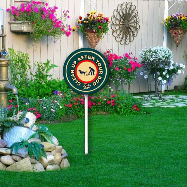 Uptell Metal Round Clean Up After Your Dog Yard Sign 9.2x9.2 Inch Classic Outdoor Lawn Decorations, Protect Your Grass & Property,With Stake 12.8"