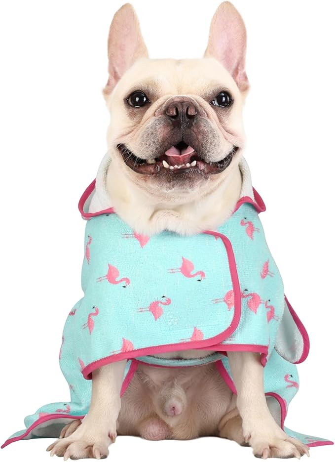 HDE Dog Bathrobe Super Absorbent Quick Drying Puppy Towel Wrap Coat Adjustable After Bath Robes with Hood for Dog Sizes S-XXL Flamingos S