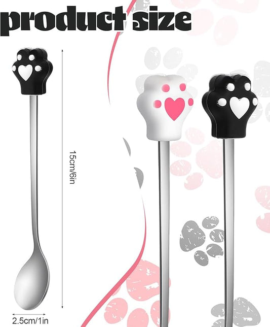 4pcs Cat Spoons for Wet Food,5.9 In Long Handle Pet Food Scoop,Stainless Steel Cat Foods Spoons,Cute Silicone Cats Claw Mixing Spoon for Pet Can,Black & White