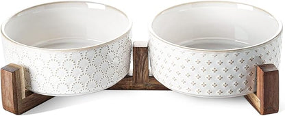 Dog Bowls Ceramic for Small Medium Dogs - 3-Cup Dual Food & Water Bowl Set with Acacia Wood Stand, Non-Slip Anti-Tip Elevated Design