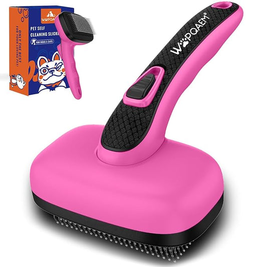 Self Cleaning Slicker Brush for Dog, Cat, Skin Friendly Shedding & Grooming Tool for Long and Short Haired Pets, Easy Clean Retractable Bristles, Pink