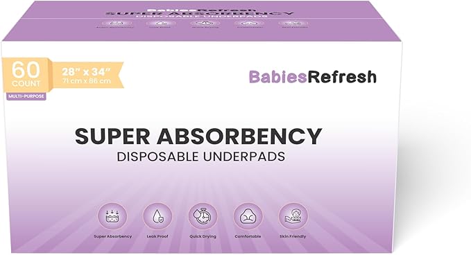 60 Count Super Absorbency Large 28" X 34" Disposable Underpads, Leakproof Quick Drying for Multi-use for Babies, Puppy Pads and Adults, Chucks, Disposable Diaper Changing Pad for Baby, Blue
